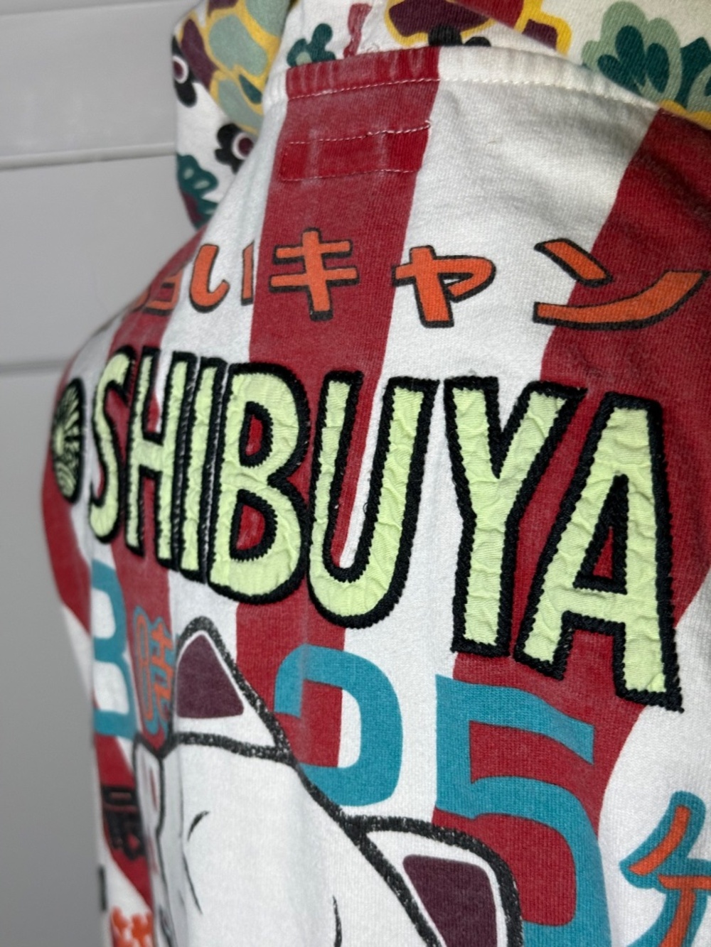 Y2K Lucky Brand "Shibuya Kitty" XL Applique Hoodie Rising Sun Striped Floral - Picture 4 of 11